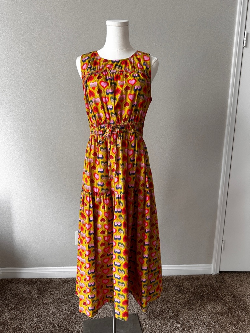 Emily Lovelock Yellow Heart-Print Sleeveless Maxi Dress